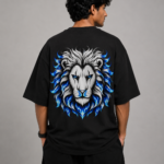 Men's Black Blue Flame Lion Graphic DTF Printed Oversized T-shirt