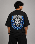 Men's Black Blue Flame Lion Graphic DTF Printed Oversized T-shirt