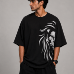 Men's Black Lion Face Graphic DTF Printed Oversized T-shirt
