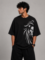 Men's Black Lion Face Graphic DTF Printed Oversized T-shirt