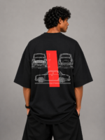 Men's Black Vintage Car Blueprint Graphic DTF Printed Oversized T-shirt