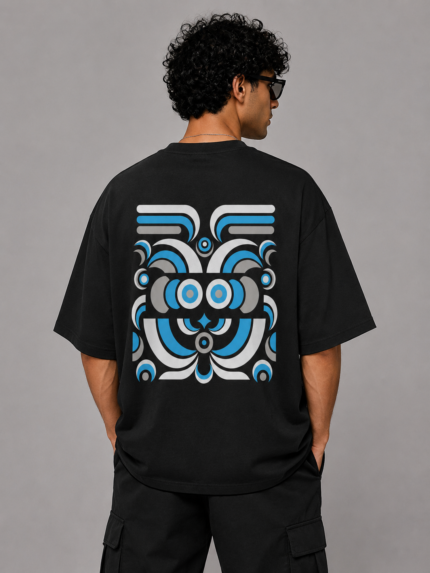 Men's Black Geometric Abstract Graphic DTF Printed Oversized T-shirt