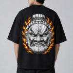 Men's Black Japanese Oni Mask Graphic DTF Printed Oversized T-shirt