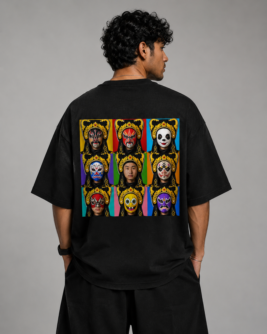 D1 Men's Black Colour Opera Mask Graphic DTF Printed Oversized T-shirt - Image 1