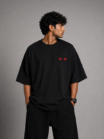 Men's Black CAT Eye Graphic DTF Printed Oversized T-shirt - Image 2