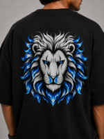 Men's Black Blue Flame Lion Graphic DTF Printed Oversized T-shirt - Image 3