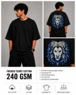 Men's Black Blue Flame Lion Graphic DTF Printed Oversized T-shirt - Image 4