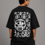 Men's Black Japanese Daruma Graphic DTF Printed Oversized T-shirt