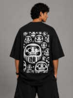 Men's Black Japanese Daruma Graphic DTF Printed Oversized T-shirt
