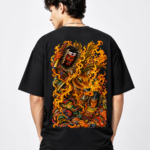 Men's Black Japanese Samurai Flame Graphic DTF Printed Oversized T-shirt