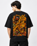 Men's Black Japanese Samurai Flame Graphic DTF Printed Oversized T-shirt