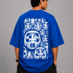 Men's Blue Japanese Daruma Graphic DTF Printed Oversized T-shirt
