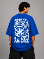 Men's Blue Japanese Daruma Graphic DTF Printed Oversized T-shirt