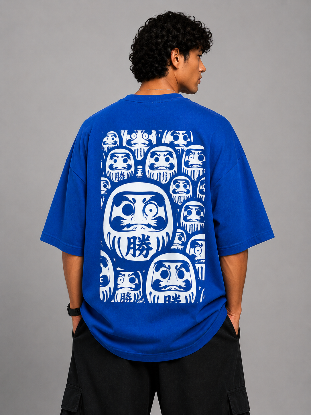 D1 Men's Blue Japanese Daruma Graphic DTF Printed Oversized T-shirt - Image 1