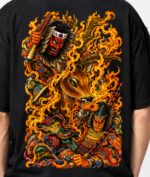 Men's Black Japanese Samurai Flame Graphic DTF Printed Oversized T-shirt - Image 4
