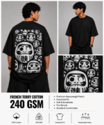 Men's Black Japanese Daruma Graphic DTF Printed Oversized T-shirt - Image 5