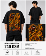Men's Black Japanese Samurai Flame Graphic DTF Printed Oversized T-shirt - Image 5