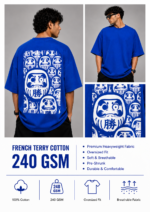 Men's Blue Japanese Daruma Graphic DTF Printed Oversized T-shirt - Image 5